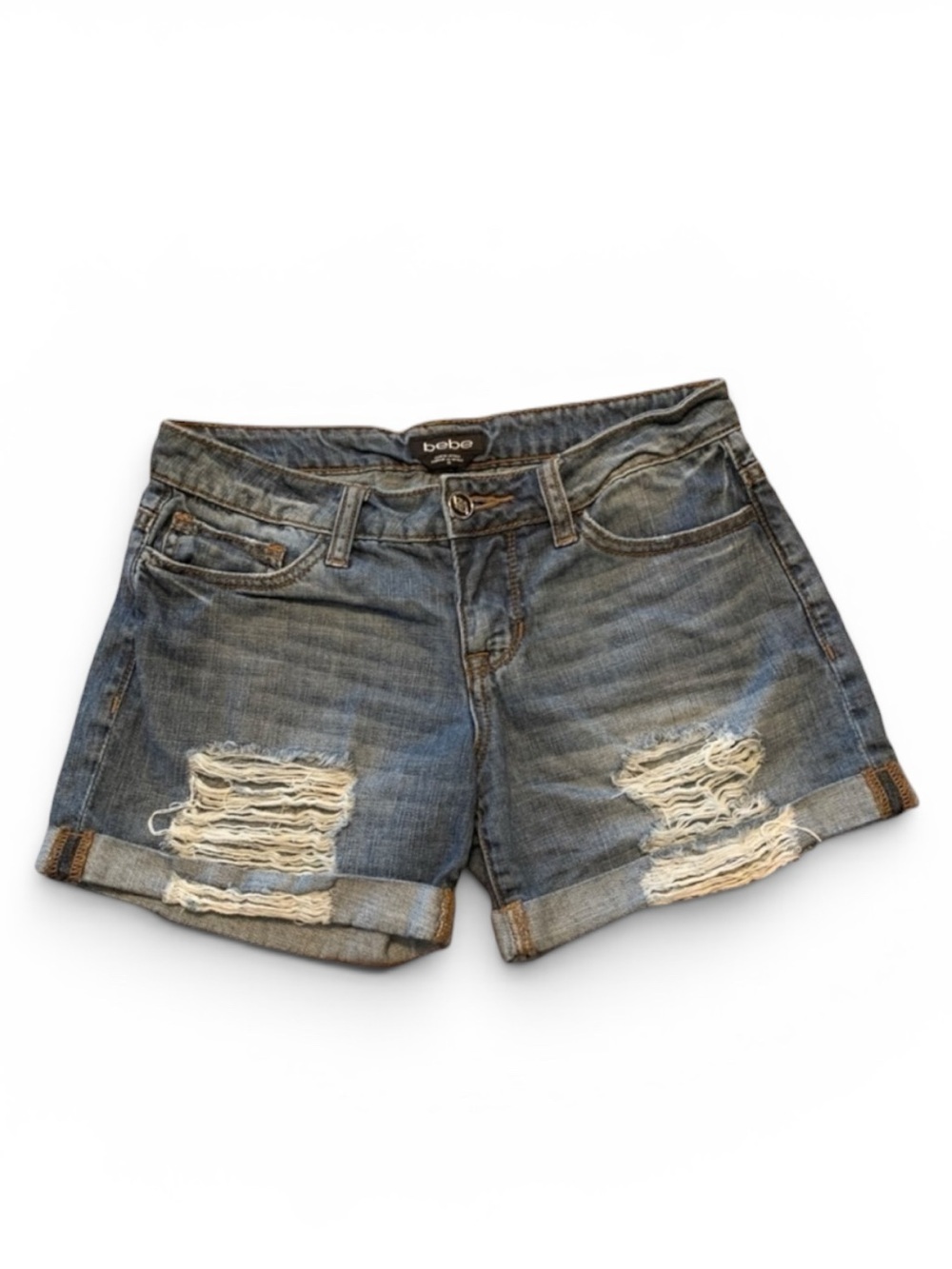 Bebe Distressed Roll-Cuff Denim Shorts